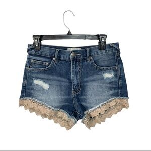 FREE People Denim Distressed Short Ivory Crochet Trim, Shabby Chic, 25